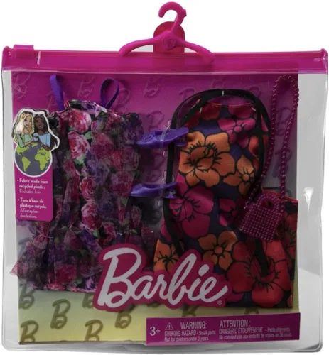 Vista 2 de Barbie Conjunto de ropa, moda y accesorio, paquete de 2 muñecas, 2 trajes elegantes con temática floral con piezas de estilo para un aspecto completo