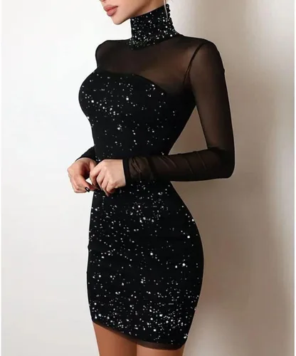 Vista 6 de PHILISENMALL Vestido negro brillante para mujer, manga larga, falda negra con purpurina, vestido de cuello alto para citas, fiestas, club nocturno