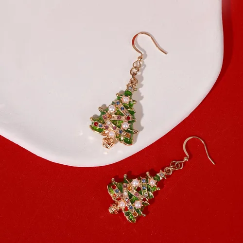 Vista 6 de Elegantes aretes de Navidad esmaltados, aretes de gancho de árbol de Navidad verdes para mujer, aretes colgantes brillantes y coloridos