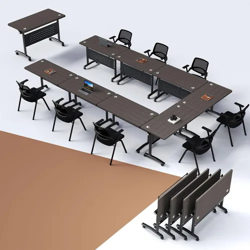 Vista 15 de Paquete de 4 mesas de conferencias plegables, mesa de entrenamiento móvil Walnut 1