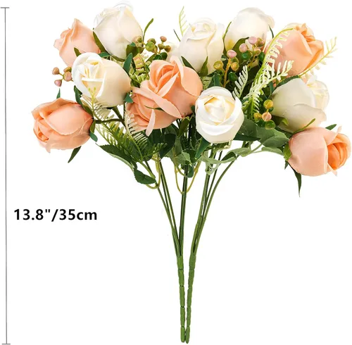 Vista 4 de Ramo de flores artificiales de seda, 20 cabezas, 2 paquetes, champán y Champán y crema