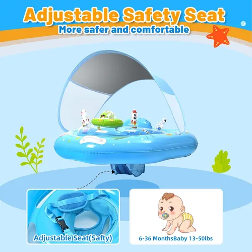 Vista 5 de Flotador de piscina para bebé con toldo y consola de juguetes, asiento seguro ajustable, parasol UPF50+ extraíble, flotador de piscina infantil
