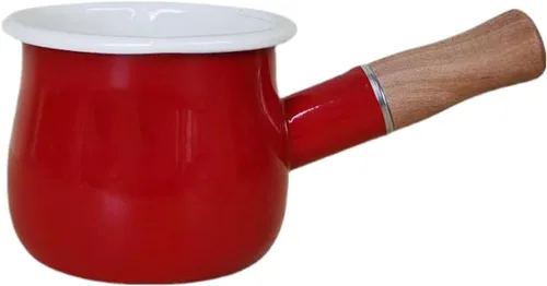 Vista 7 de Mini Olla de Leche Esmaltada de 0.6 Cuartos con Mango de Madera Aislado, 2 Picos Vertedores, Calentador de Alimentos Pequeño, Cacerola Bonita