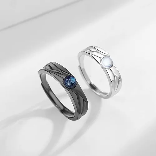 Vista 3 de Corona de princesa y caballero para parejas, anillo de promesa con piedra lunar para mujeres, hombres, ella, él, mejor amigo, juego de 2 anillos