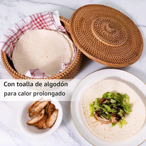 Vista 7 de Tortillada - Calentador de Tortilla de Ratán de 10 pulgadas – Cesta de pan hecha a mano para tortillas, envolturas y pan plano – Cesta