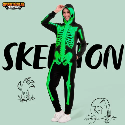 Vista 3 de Spooktacular Creations Pijama de esqueleto, disfraz de esqueleto que brilla en la oscuridad, overol para mujeres adultas para fiesta temática