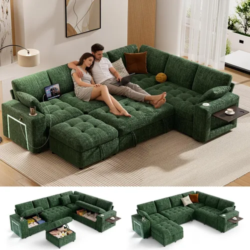 Vista 23 de Vipbear Sofá cama modular de 111 pulgadas con cama extraíble, sofá en forma de L de felpilla de 7 asientos con diván de almacenamiento, puertos USB