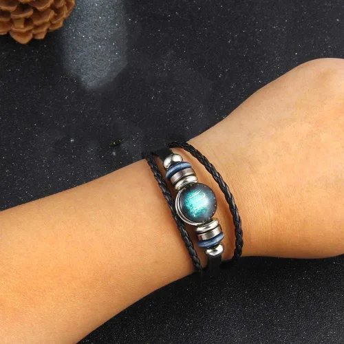 Vista 5 de Juego de 2 pulseras y collar del zodiaco para hombres, joyería de signo del zodiaco, constelaciones de cuero, pulsera del zodiaco para hombres