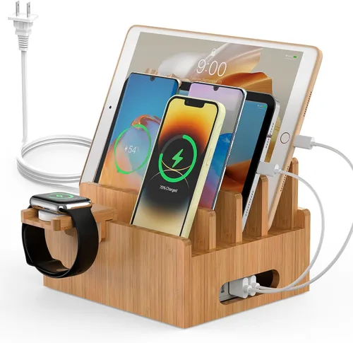 Vista 8 de Estación de carga para teléfono celular Pezin & Hulin, organizador de muelle de bambú para múltiples dispositivos, tabletas, reloj inteligente