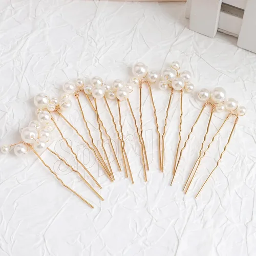 Vista 2 de Juego de 9 horquillas de boda con perlas en forma de U para mujeres nupciales (dorado) Diseño único, accesorios elegantes para el cabello