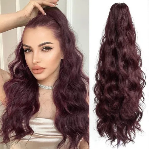 Vista 28 de Extensión de cola de caballo de garra negra natural ondulada de 16 pulgadas, extensiones de cabello sintético rizado con clip, extensiones