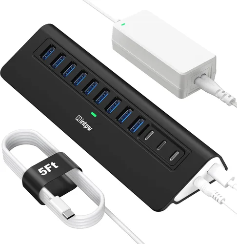 Vista 16 de Hub USB alimentado de 10 Gbps, intpw YH6AC Divisor USB de 9 puertos con USB A/USB C 3.2, 4 USB 3.0, 2 puertos de carga PD de 45 W, adaptador