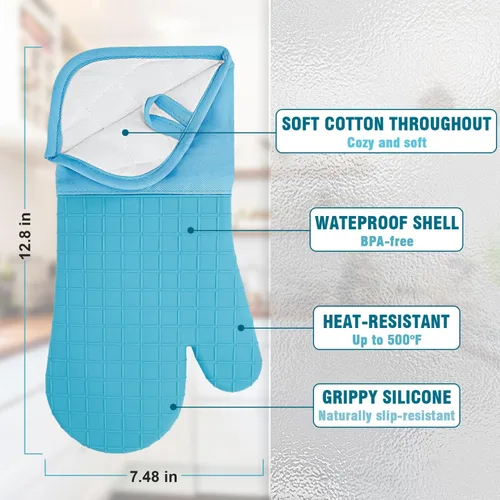 Vista 4 de Manoplas de horno y soportes para ollas, 4 juegos, guantes de horno resistentes al calor de 500 ℉ y soporte para ollas, guantes largos para horno