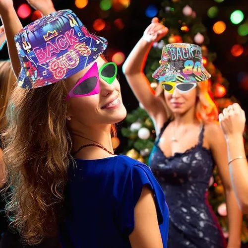 Vista 6 de Paquete de 12 sombreros retro de los años 80 y 90 con lentes de sol neón, divertido juego de sombreros de fiesta temática de los años 80 y 1990, kit