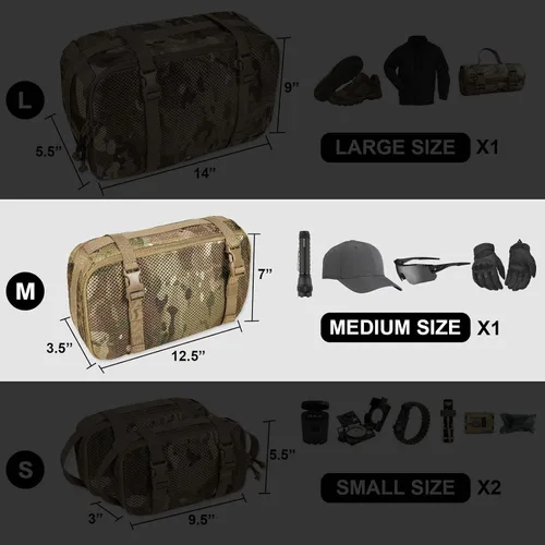Vista 10 de Juego de 4 cubos de embalaje tácticos, bolsa de almacenamiento de malla compresible, organizador portátil Edc Molle.
