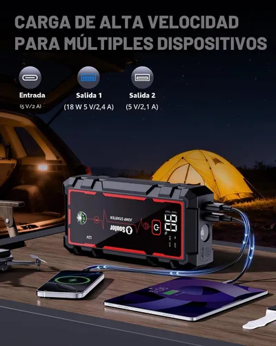 Vista 4 de Arrancador de Batería, Arrancador de Batería Portátil, Arrancador de Batería de Coche con 3 Modos de Linterna, Brújula, Banco de Energía y Cable