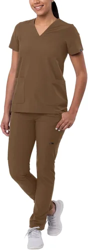 Vista 12 de Adar Addition Go-Basic - Conjunto de uniforme quirúrgico para mujer con blusa de cuello en V y pantalones cargo ajustados Rosa suave