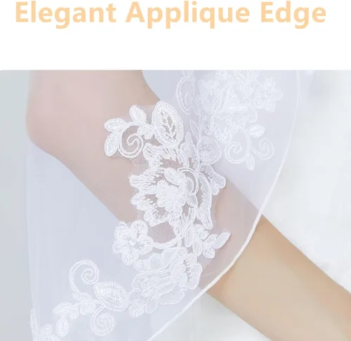 Vista 4 de BEAUTELICATE Wedding Bridal Veil with Comb 1 Tier Lace Applique Edge Fingertip Length