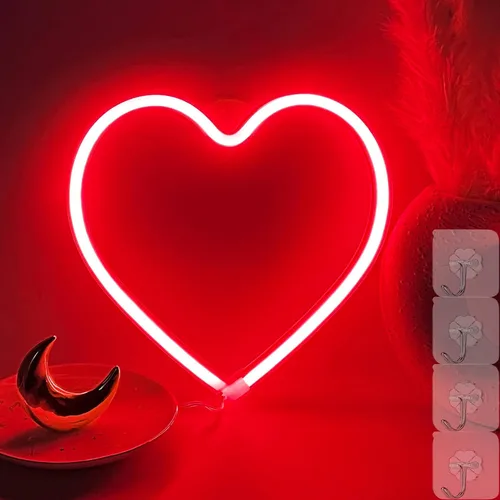 Vista 2 de Letrero de corazón de neón, luz LED roja para dormitorio, lámpara colgante para decoración de pared, funciona con USB