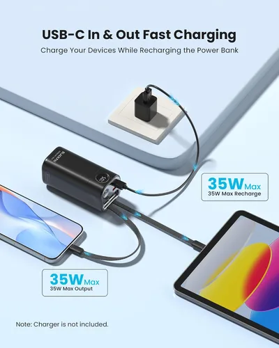 Vista 7 de Cargador Portátil Power Bank 20,000mAh para Viajes y Aire Libre, Cargador Portátil de Super Carga Rápida PD 35W con 2 Cables Integrados, Pantalla