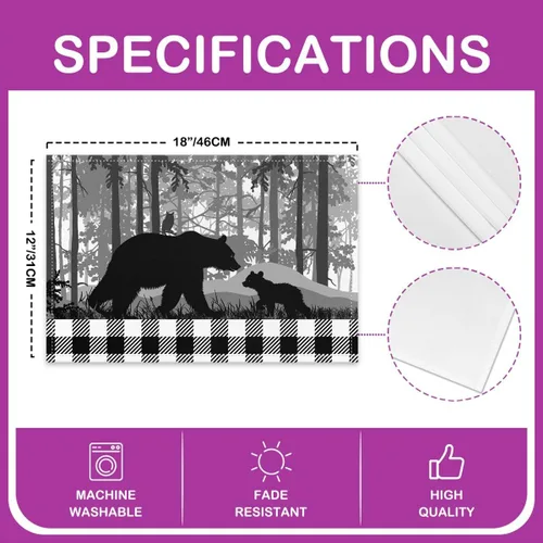 Vista 4 de Wild Animal - Juego de 4 manteles individuales elegantes para mesa de comedor, manteles individuales con silueta de oso negro, 12 x 18 pulgadas