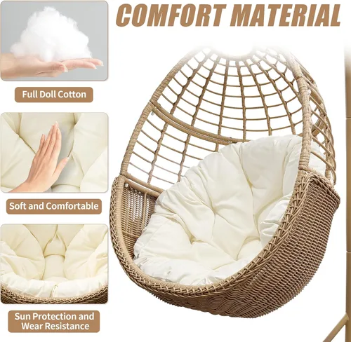 Vista 3 de Silla columpio colgante con soporte, hamaca de mimbre de polietileno, cojín desmontable suave, resistente 350 libras, interior y exterior