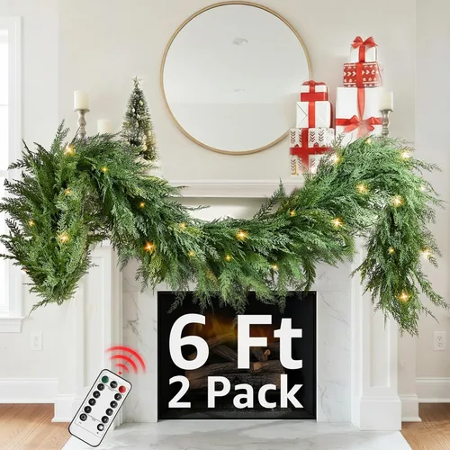 Vista 10 de Guirnalda de Navidad de Cedro con Luces para Repisa de Chimenea - Realista de Tacto Real 9 Pies Guirnaldas Artificiales de Pino Sintético