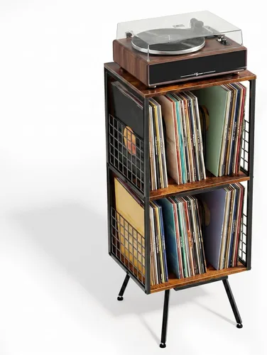Vista 12 de Faesun Soporte para tocadiscos con almacenamiento para más de 100 discos de vinilo, soporte giratorio industrial con estante de almacenamiento