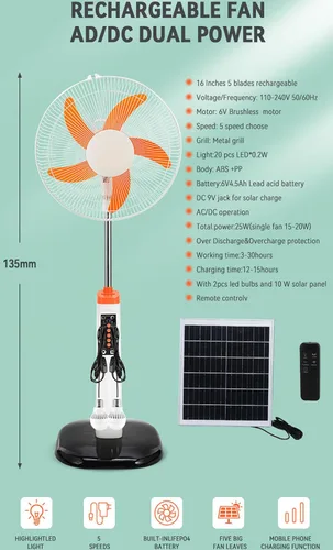 Vista 5 de AC DC 16 pulgadas 5 aspas energía eléctrica recargable panel solar energía solar ventilador recargable, con panel solar de 10 W