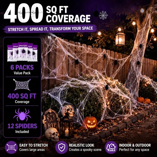 Vista 3 de Boao 6 telarañas elásticas de Halloween con 12 arañas de plástico para decoración de Halloween en interiores y exteriores