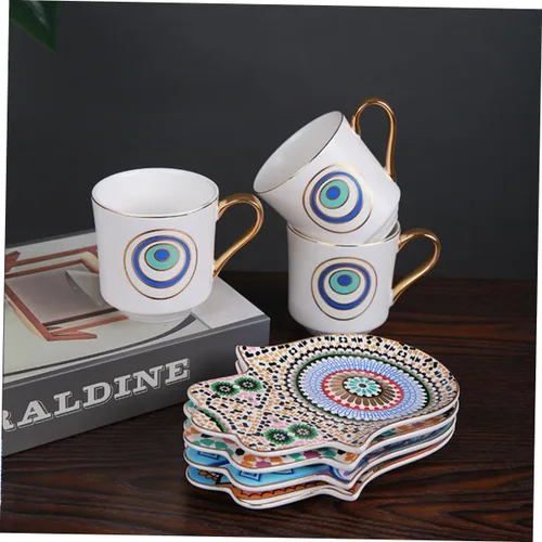 Vista 5 de Turkish Ceramic Coffee Cup and Saucer Set 120ml Retro Coffee Mug Household Tea Cup with Evil Eye Pattern for Afternoon Tea and Home Use