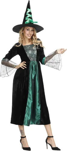 Vista 3 de Grebrafan - Disfraz de bruja para mujer Vestido largo clásico de hechicera 6366 Verde