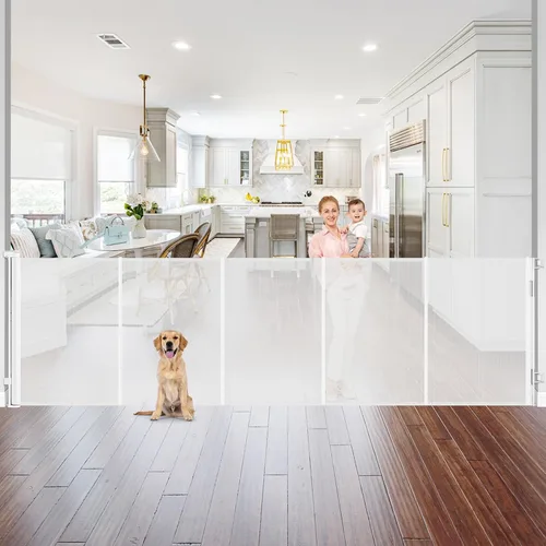 Vista 12 de Puerta Reforzada para Mascotas Extra Alta de 42" y Puerta Retráctil para Bebés de 55" de Ancho con Varillas de Soporte - Puerta Retráctil para Negro