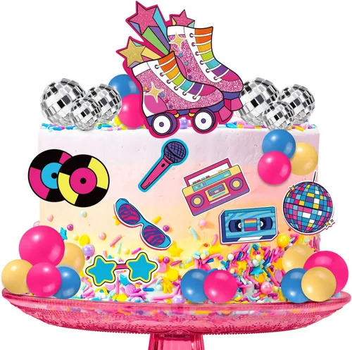 Vista 6 de 31 adornos para tartas de patinaje, decoración retro de los años 80 y 90 para tartas, temática de hip hop, decoración de fiesta de patinaje rodante