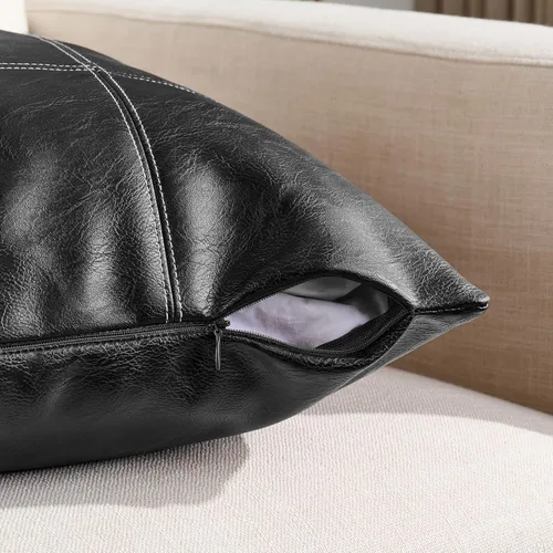 Vista 3 de Fancy Homi Paquete de 2 fundas de almohada decorativas de piel sintética a cuadros negros de 16 x 16 pulgadas para sofá cama sofá, estilo rústico