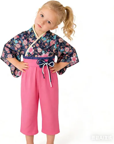 Vista 7 de Traje de kimono para bebé niña, trajes japoneses de hakama, trajes de samurái para bebés