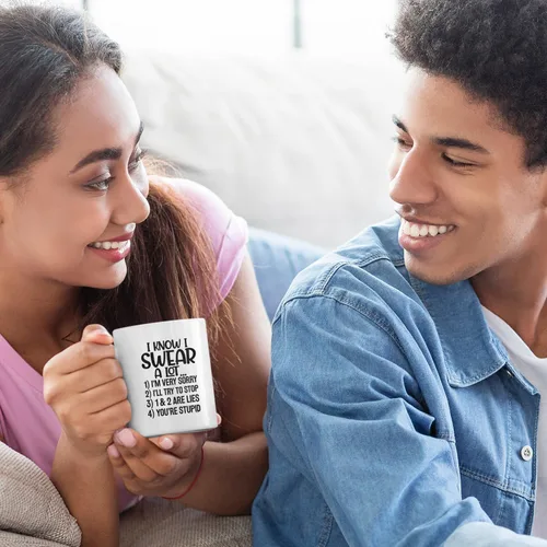 Vista 6 de Veracco Taza de café de cerámica con texto en inglés "I Know I Swear A Lot I'm Sorry I'll Try To Stop You Are Stupid" (porcelana blanca)