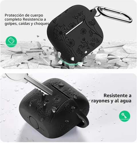 Vista 3 de Lerobo Funda para AirPods 5/4, funda de silicona suave grabada con flores A-Negro