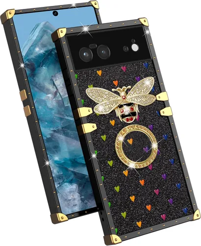 Vista 6 de nancheng Funda para Google Pixel 6 de lujo, diseño de abeja, corazón y abeja, chapado en oro, con anillo de diamante de 360°, correa de cordón