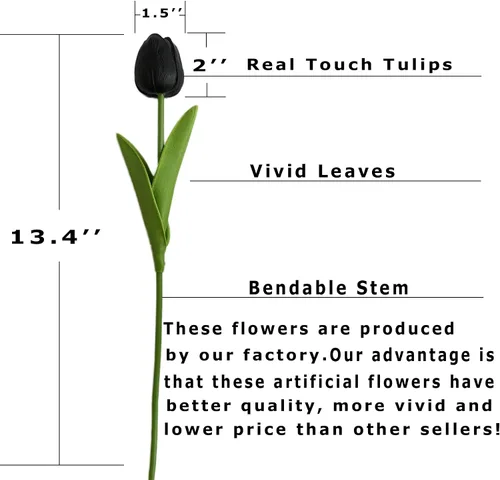 Vista 3 de UKELER 24 piezas de flores negras de tulipán, flores artificiales de poliuretano de tacto real para decoración del hogar, centros de mesa, arreglo