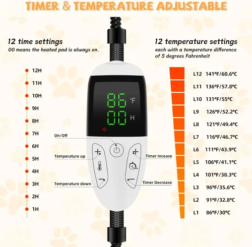Vista 4 de Cama térmica para gatos y cachorros - Calentador eléctrico con calentador extraíble e impermeable, lavable, temporizador y temperatura ajustables