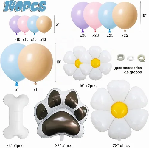 Vista 2 de Kit de arco de globos azules 140 piezas azul pastel rosa morado rubor globos con margarita hueso pata de perro globos de papel de aluminio