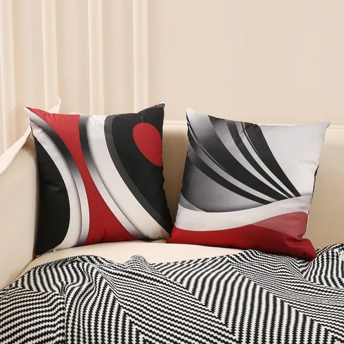 Vista 3 de Juego de 4 fundas de almohada rojas de 18 x 18 pulgadas, fundas de almohada decorativas de rayas abstractas negras y grises, decoración moderna