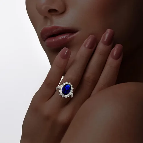 Vista 2 de Anillo de compromiso de plata de ley con zafiro azul ovalado y circonita cúbica transparente, diseño de princesa DianaKate Middleton Royal