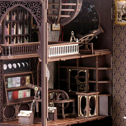 Vista 6 de Kit de rincón de libros de bricolaje 3D rompecabezas de madera para adultos, kit de casa en miniatura de librería, estantería de libro, decoración