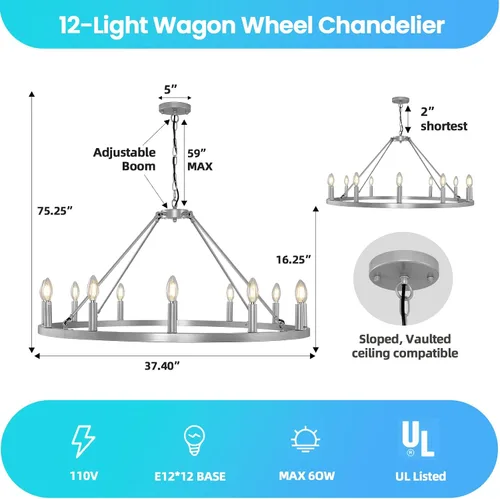 Vista 3 de Candelabro de 12 luces de plata con rueda de vagón, candelabros de granja para comedor, lámpara de iluminación rústica para entrada, candelabros