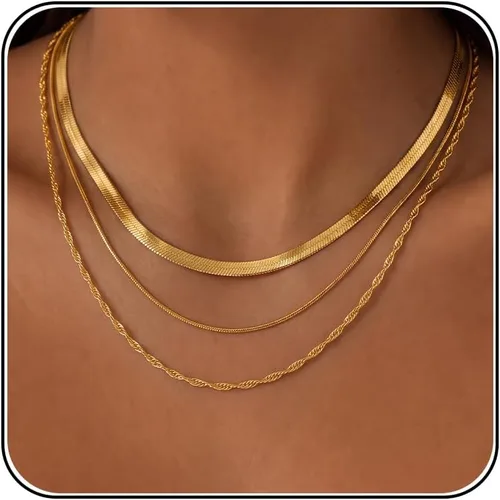 Vista 25 de Tewiky Layered Necklaces for Women Non Tarnish- Chunky 14k Gold Plated Herringbone/Snake/Rope/Box/Cuban Link Chain for Women Waterproof Layering
