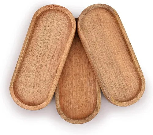 Vista 2 de Samhita Juego de 3 bandejas ovaladas de madera de mango perfectas para soporte de alimentos/barbacoa, servir queso, sushi, aperitivos navideños
