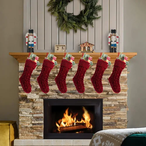 Vista 2 de Paquete de 6, Medias de Navidad de Punto Borgoña Únicas de 18", Estilo 3