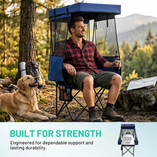 Vista 4 de Overmont Camping Chair with Canopy - Folding Chair with Adjustable Sunshade Full Sun Protection, Reinforced 600D Fabric, Cup Holder, Portable for